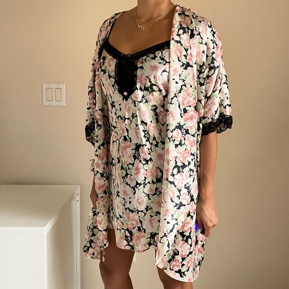 Fantasies by Morgan Taylor Slip Dress & Robe Set Lace Floral Print Size S - Picture 4 of 16